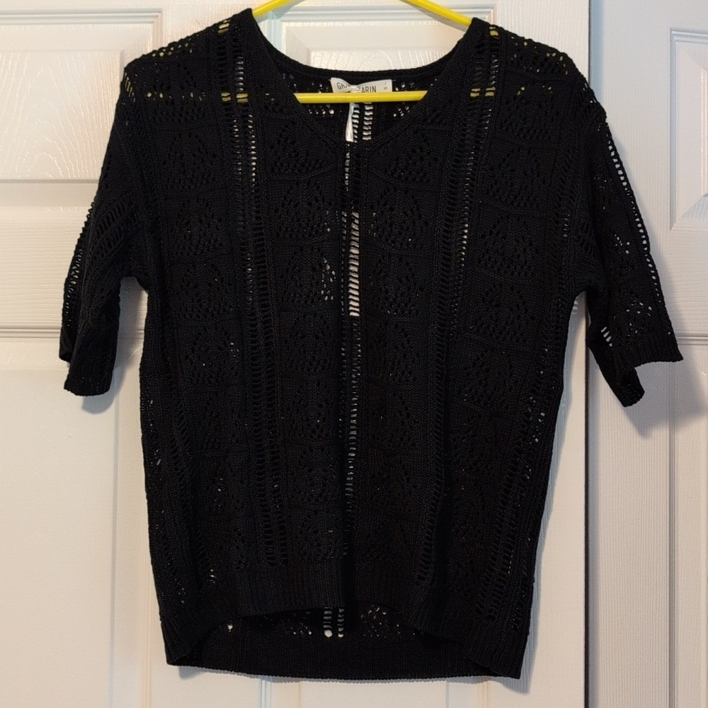 Short-Sleeve Crochet Knit Sweater, Black Size Womens S - Picture 2 of 8